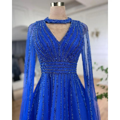 Arabic blue A Line Elegant Cape Sleeves Beaded Evening Dresses Luxury Gowns 2025 For Women Wedding Party LA72171