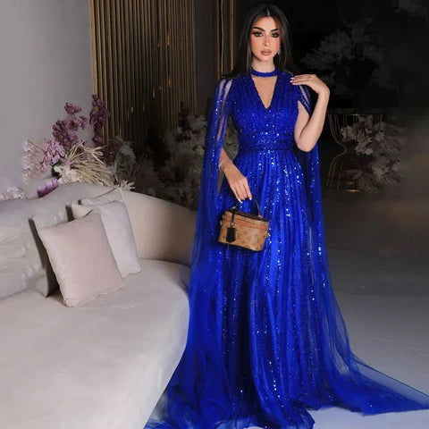 Arabic blue A Line Elegant Cape Sleeves Beaded Evening Dresses Luxury Gowns 2025 For Women Wedding Party LA72171