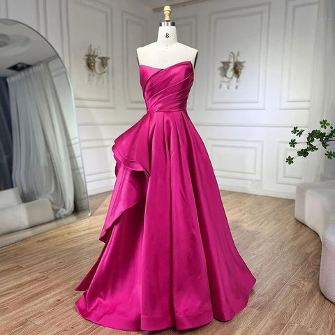 Arabic fuchsia A Line Elegant Satin Strapless Evening Dresses Gowns For Women Wedding Party 2025 LA72313