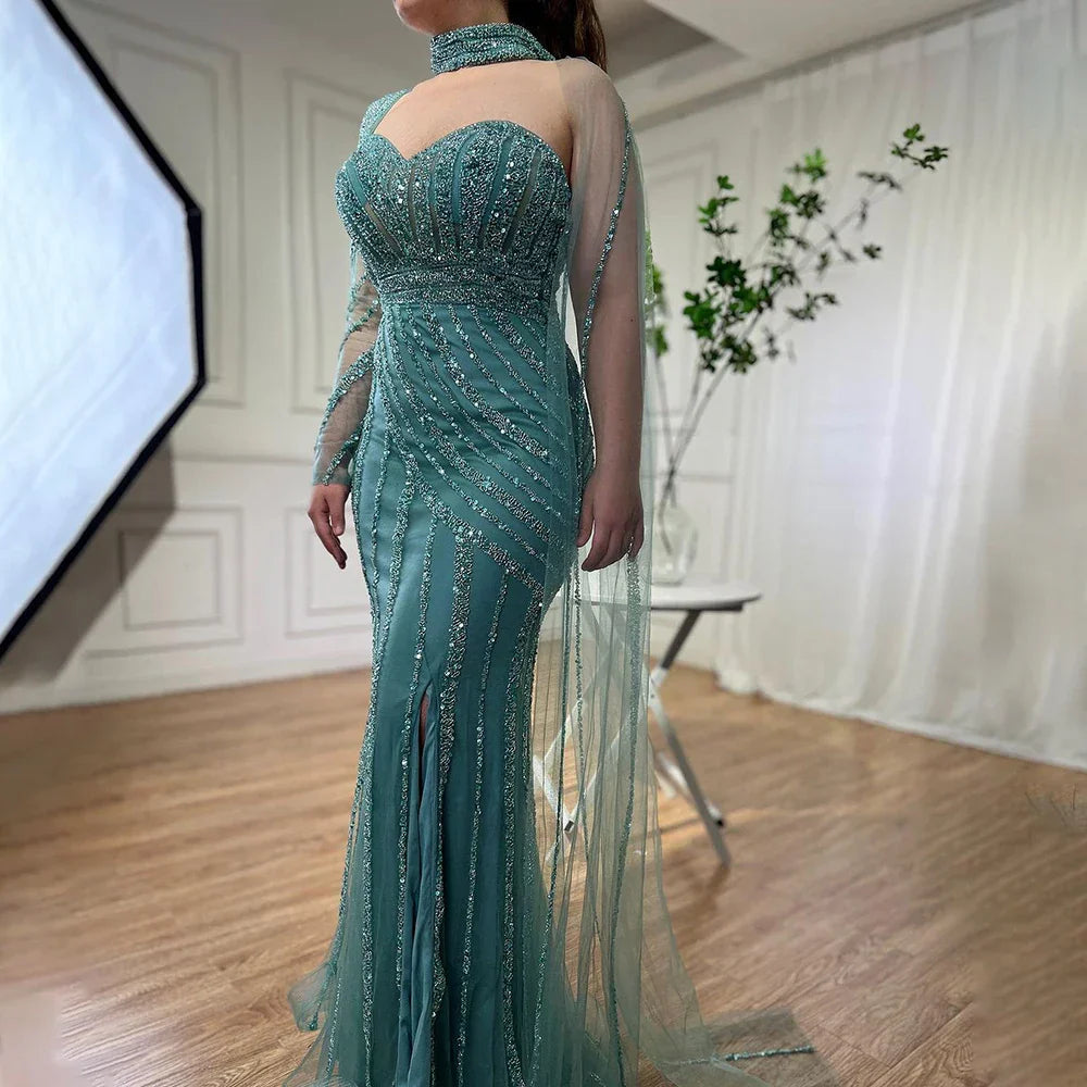 Arabic pink Mermaid Cape Sleeve High Split Beaded Evening Dresses Gowns 2025 For Women Wedding Party LA71938