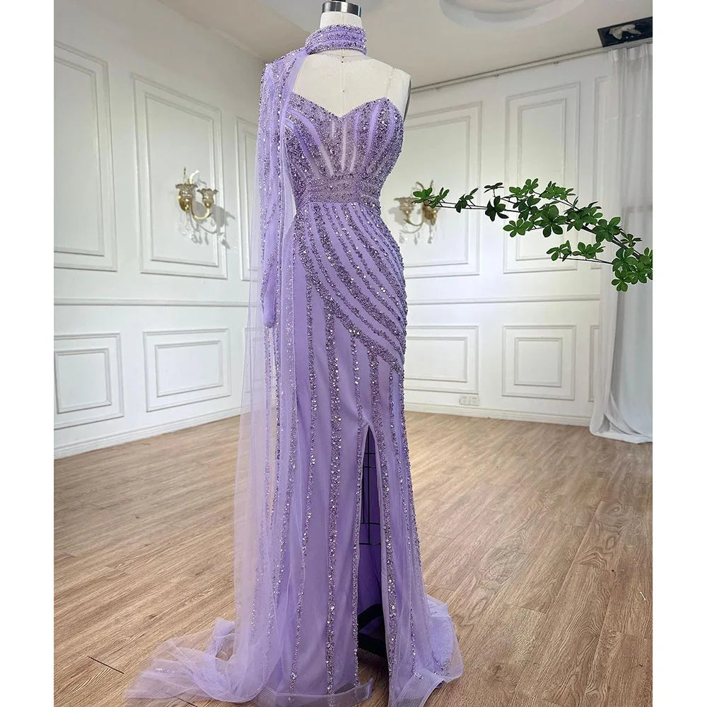 Arabic pink Mermaid Cape Sleeve High Split Beaded Evening Dresses Gowns 2025 For Women Wedding Party LA71938