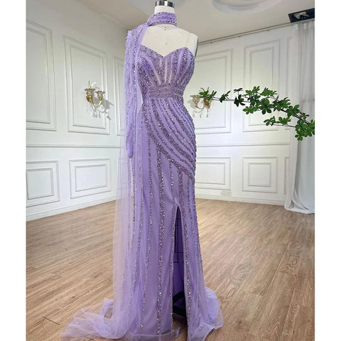 Robe de soirée sirène rose arabe, manches cape, fente haute, perles, pour femmes, mariage, LA71938, 2025 