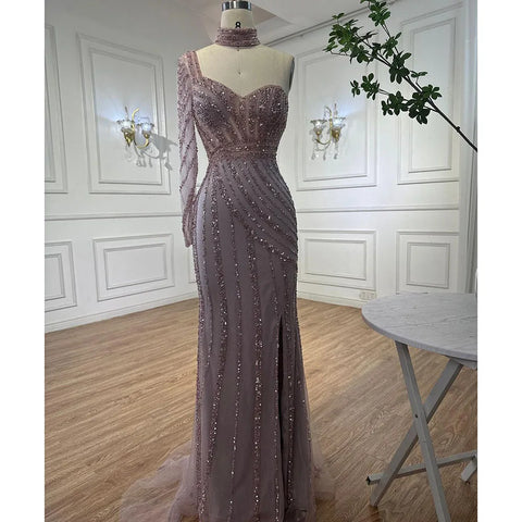 Robe de soirée sirène rose arabe, manches cape, fente haute, perles, pour femmes, mariage, LA71938, 2025 