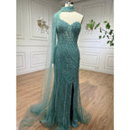 Arabic pink Mermaid Cape Sleeve High Split Beaded Evening Dresses Gowns 2025 For Women Wedding Party LA71938