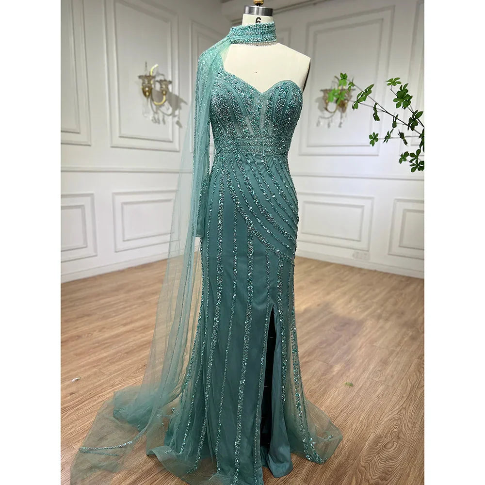 Arabic pink Mermaid Cape Sleeve High Split Beaded Evening Dresses Gowns 2025 For Women Wedding Party LA71938
