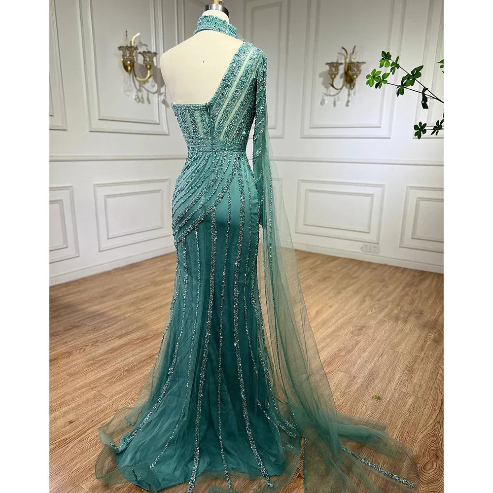 Arabic pink Mermaid Cape Sleeve High Split Beaded Evening Dresses Gowns 2025 For Women Wedding Party LA71938