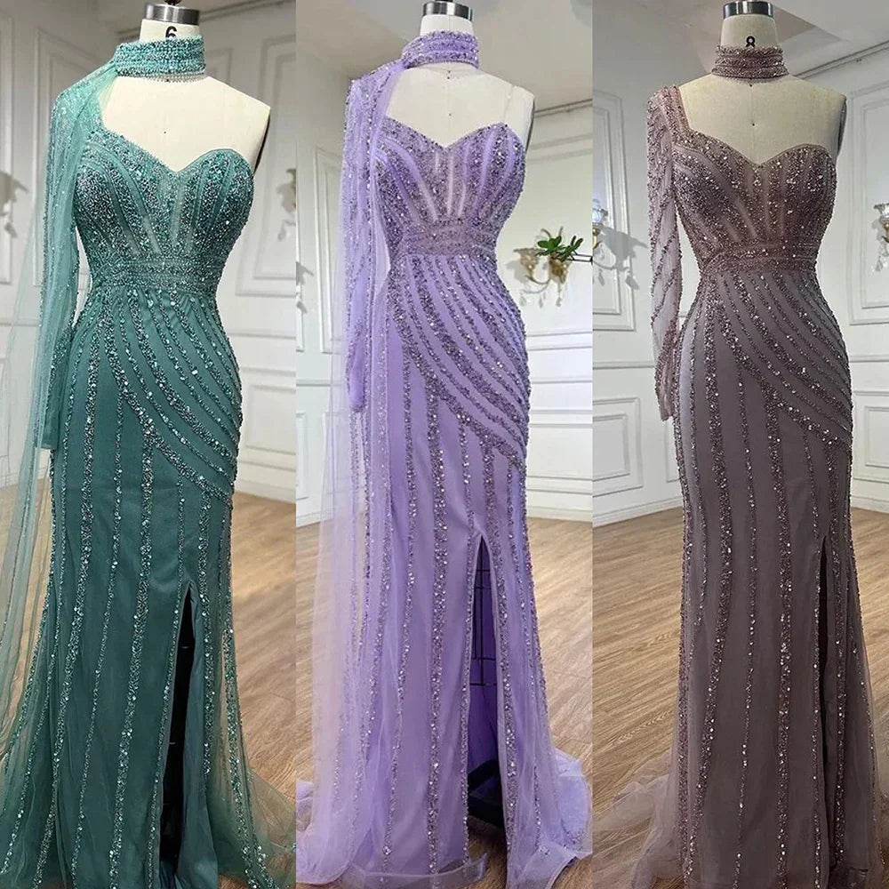 Arabic pink Mermaid Cape Sleeve High Split Beaded Evening Dresses Gowns 2025 For Women Wedding Party LA71938
