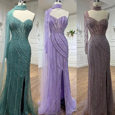 Robe de soirée sirène rose arabe, manches cape, fente haute, perles, pour femmes, mariage, LA71938, 2025 