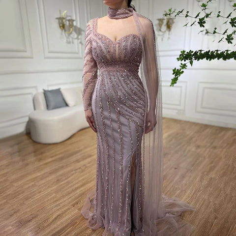 Robe de soirée sirène rose arabe, manches cape, fente haute, perles, pour femmes, mariage, LA71938, 2025 