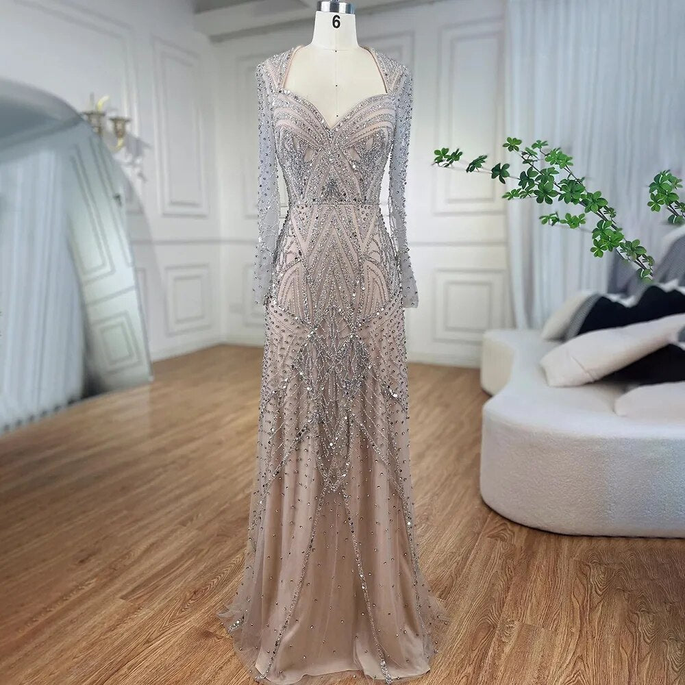 Robe de soirée sirène à manches longues et perles, couleur argent, couleur chair, style arabe, Dubaï, 2025, élégante, pour femme, LA72183 