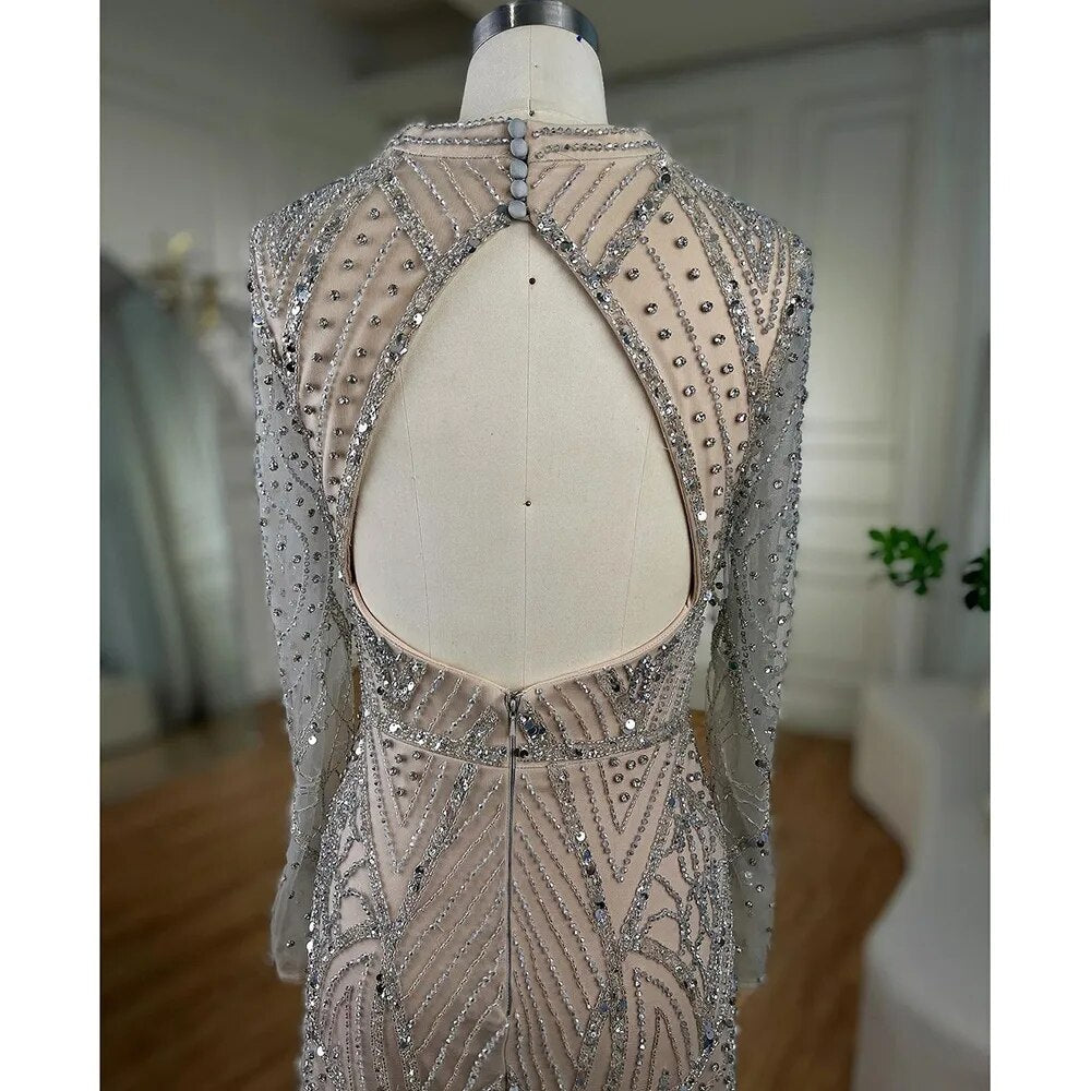 Robe de soirée sirène à manches longues et perles, couleur argent, couleur chair, style arabe, Dubaï, 2025, élégante, pour femme, LA72183 