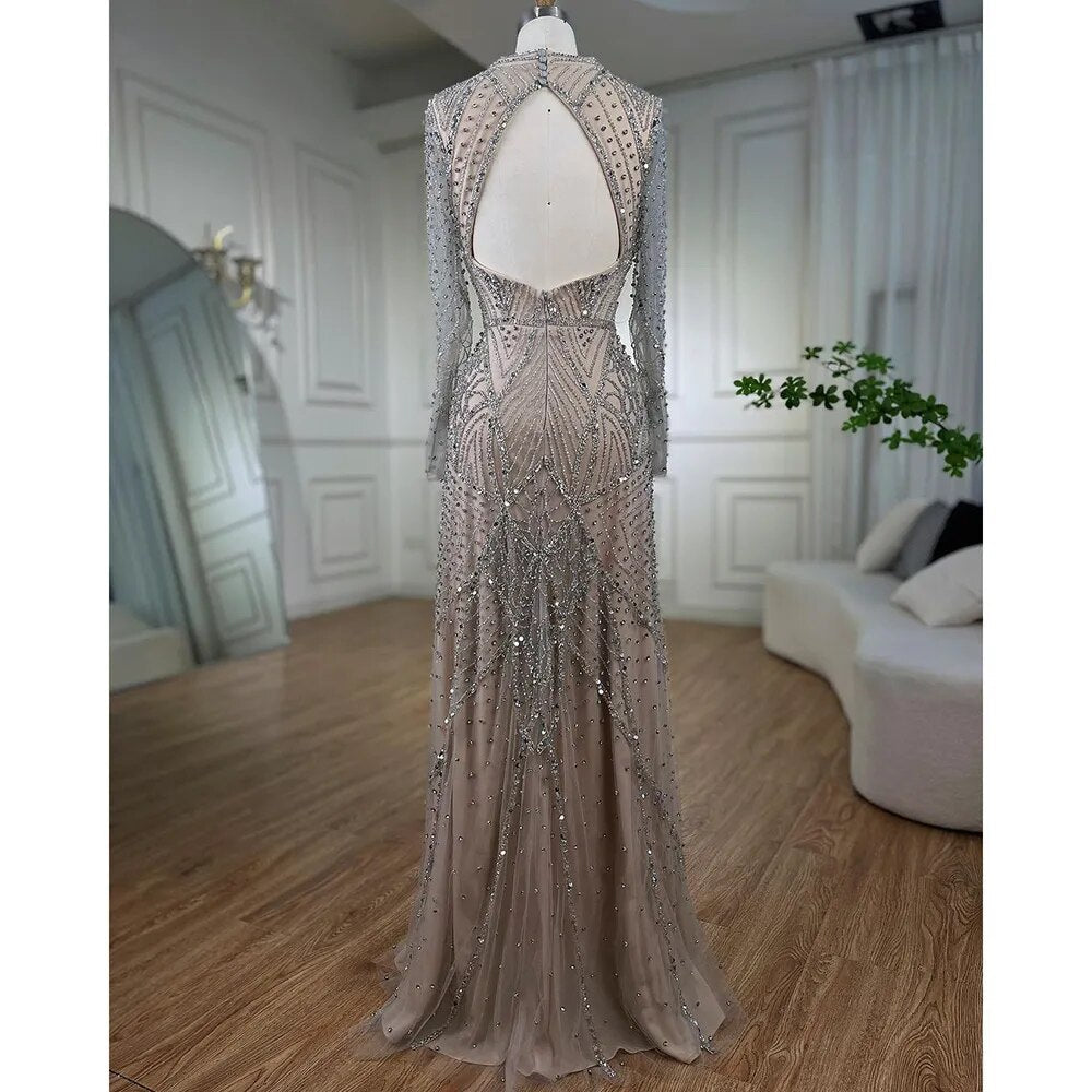 Robe de soirée sirène à manches longues et perles, couleur argent, couleur chair, style arabe, Dubaï, 2025, élégante, pour femme, LA72183 