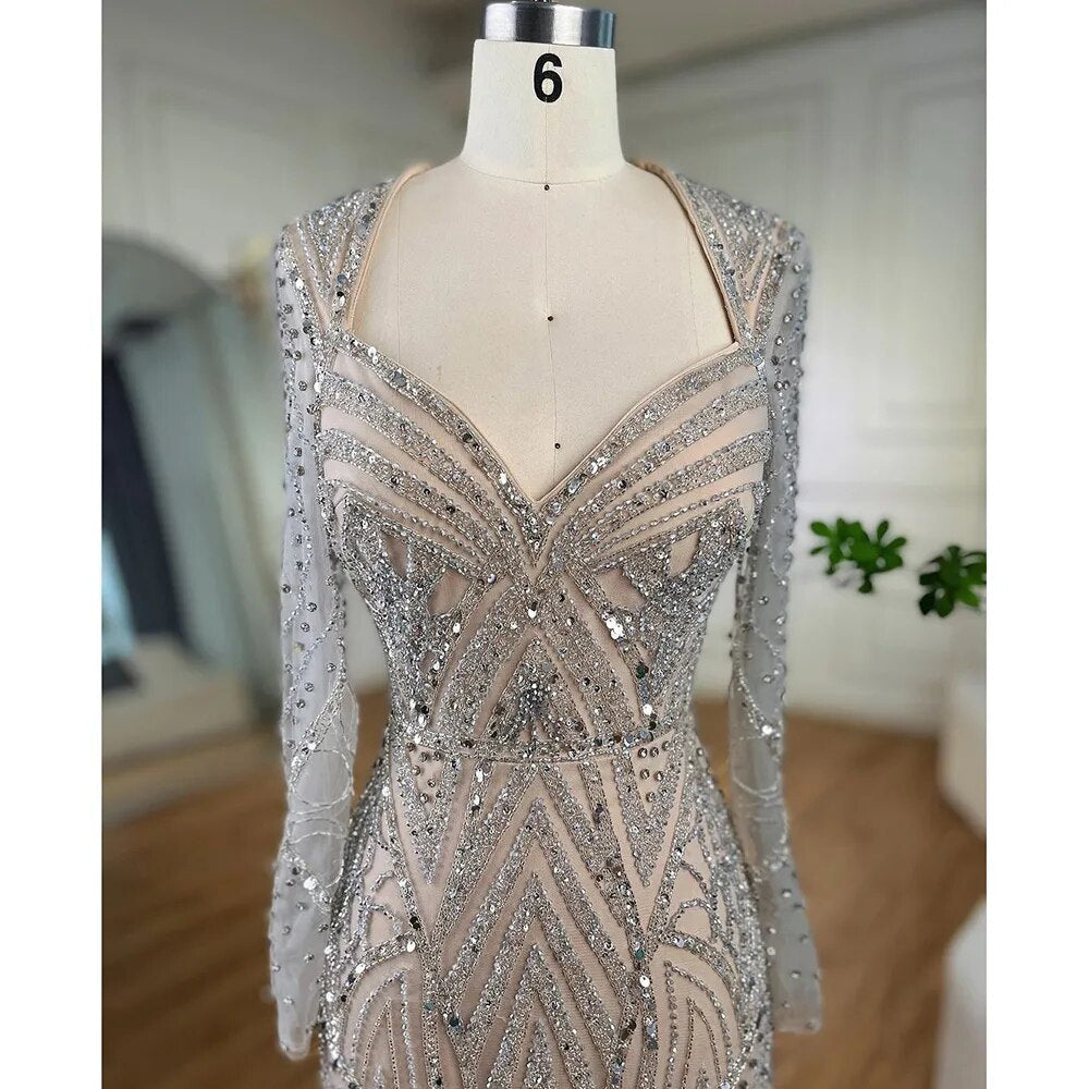 Robe de soirée sirène à manches longues et perles, couleur argent, couleur chair, style arabe, Dubaï, 2025, élégante, pour femme, LA72183 