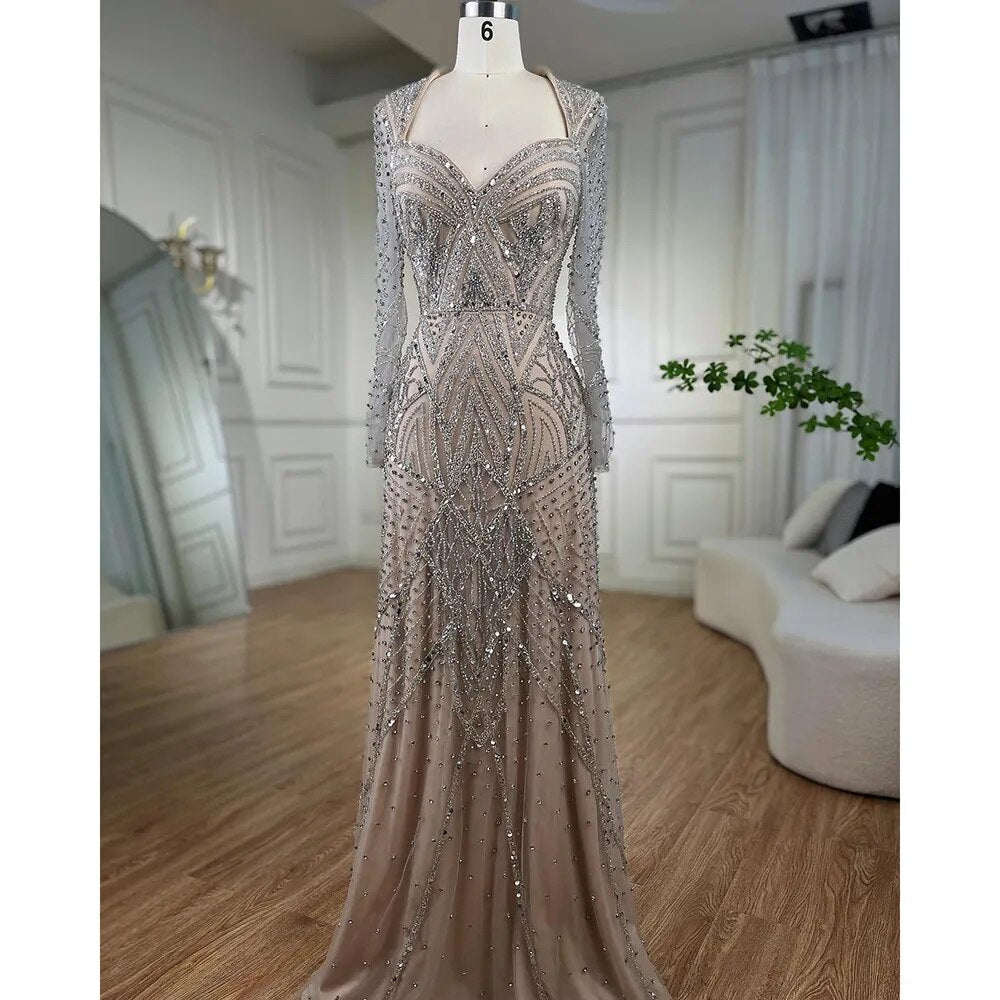 Arabic silver nude Long Sleeves Beaded Dubai Mermaid Evening Gowns 2025 Elegant Party Dresses For Women LA72183