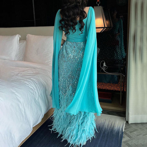 Beaded Feathers A Line Blue Cape Sleeves Evening Dresses Arabic Ankle Length Gown For Party LA72158