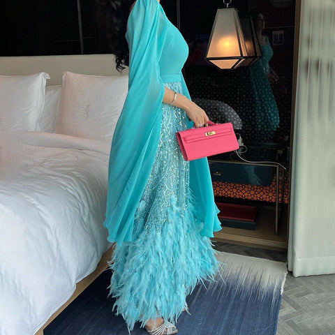 Beaded Feathers A Line Blue Cape Sleeves Evening Dresses Arabic Ankle Length Gown For Party LA72158