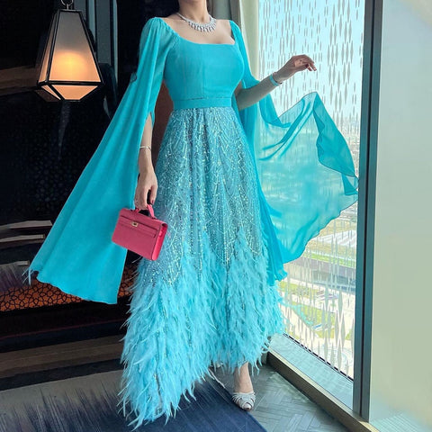 Beaded Feathers A Line Blue Cape Sleeves Evening Dresses Arabic Ankle Length Gown For Party LA72158