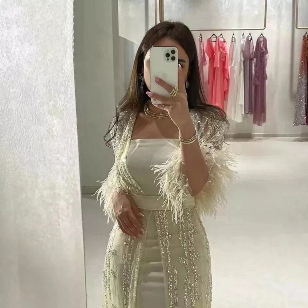 Beaded Feathers A Line Cream Caftan Marocain Femme  Evening Dresses  Arabic  With Jacket   Gown For Party LA71759