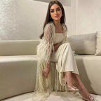 Beaded Feathers A Line Cream Caftan Marocain Femme  Evening Dresses  Arabic  With Jacket   Gown For Party LA71759