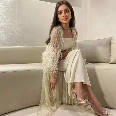 Beaded Feathers A Line Cream Caftan Marocain Femme  Evening Dresses  Arabic  With Jacket   Gown For Party LA71759