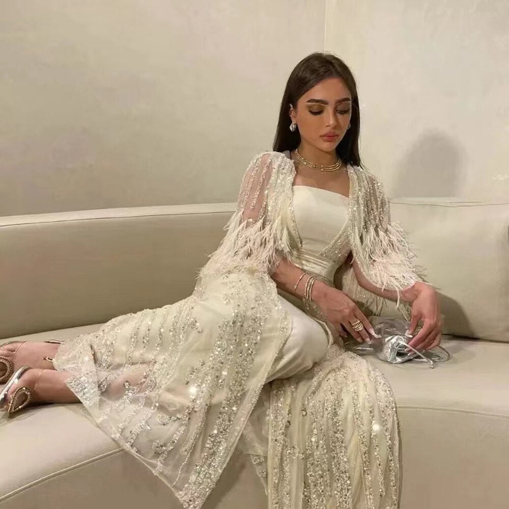 Beaded Feathers A Line Cream Caftan Marocain Femme  Evening Dresses  Arabic  With Jacket   Gown For Party LA71759