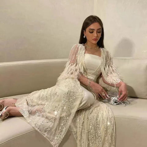 Beaded Feathers A Line Cream Caftan Marocain Femme  Evening Dresses  Arabic  With Jacket   Gown For Party LA71759