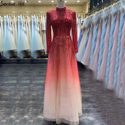 Beading Muslim Long Sleeeves High Co Silver Luxury Evening Dresses Gowns 2025 A-Line Crystal For Women Party LA70514