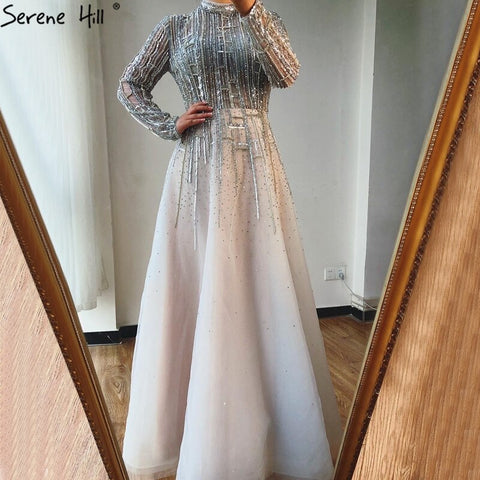 Beading Muslim Long Sleeeves High Co Silver Luxury Evening Dresses Gowns 2025 A-Line Crystal For Women Party LA70514