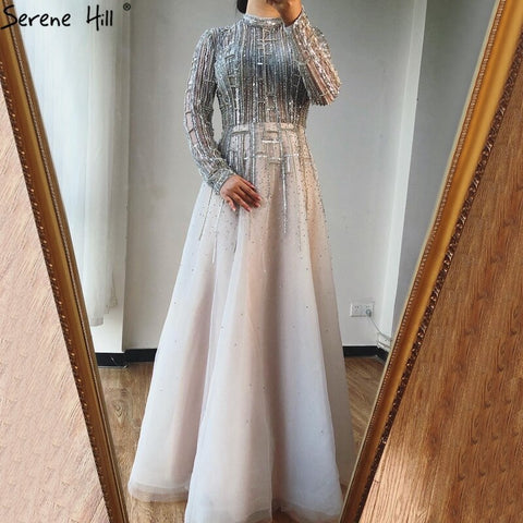 Beading Muslim Long Sleeeves High Co Silver Luxury Evening Dresses Gowns 2025 A-Line Crystal For Women Party LA70514