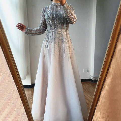 Beading Muslim Long Sleeeves High Co Silver Luxury Evening Dresses Gowns 2025 A-Line Crystal For Women Party LA70514
