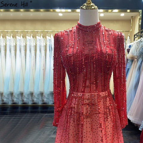 Beading Muslim Long Sleeeves High Co Silver Luxury Evening Dresses Gowns 2025 A-Line Crystal For Women Party LA70514