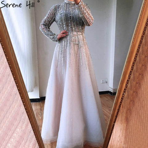 Beading Muslim Long Sleeeves High Co Silver Luxury Evening Dresses Gowns 2025 A-Line Crystal For Women Party LA70514
