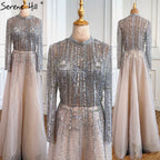 Beading Muslim Long Sleeeves High Co Silver Luxury Evening Dresses Gowns 2025 A-Line Crystal For Women Party LA70514