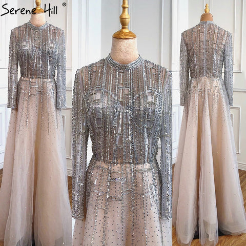 Beading Muslim Long Sleeeves High Co Silver Luxury Evening Dresses Gowns 2025 A-Line Crystal For Women Party LA70514