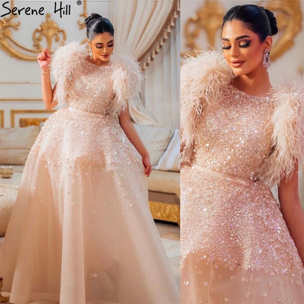 Beige Luxury Evening Dresses Gowns 2025 Beaded Feather For Women Wedding Party LA71229