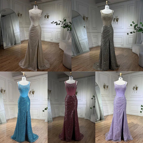 Beige Mermaid Floor Length Evening Gowns Luxury Beaded Crystal Spaghetti Strap Party Drsses For Women 2025 LA72163