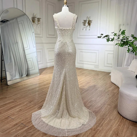 Beige Mermaid Floor Length Evening Gowns Luxury Beaded Crystal Spaghetti Strap Party Drsses For Women 2025 LA72163