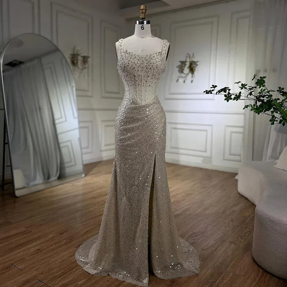 Beige Mermaid Floor Length Evening Gowns Luxury Beaded Crystal Spaghetti Strap Party Drsses For Women 2025 LA72163