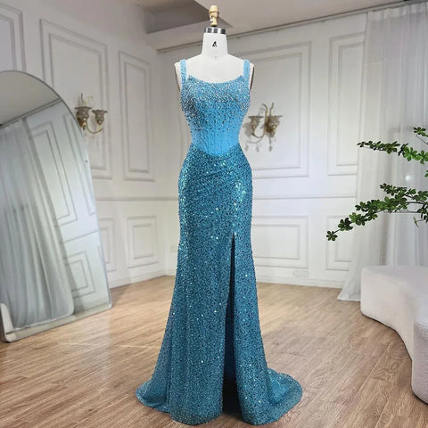 Beige Mermaid Floor Length Evening Gowns Luxury Beaded Crystal Spaghetti Strap Party Drsses For Women 2025 LA72163