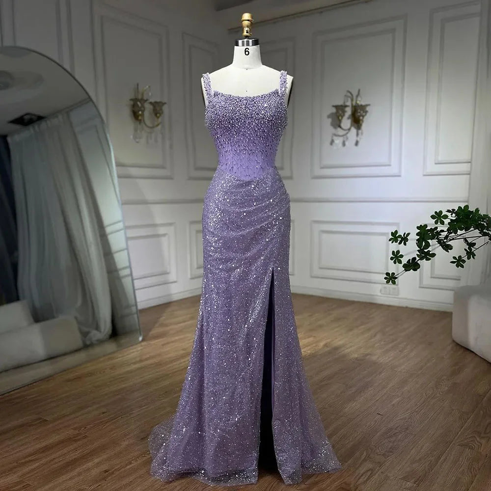 Beige Mermaid Floor Length Evening Gowns Luxury Beaded Crystal Spaghetti Strap Party Drsses For Women 2025 LA72163