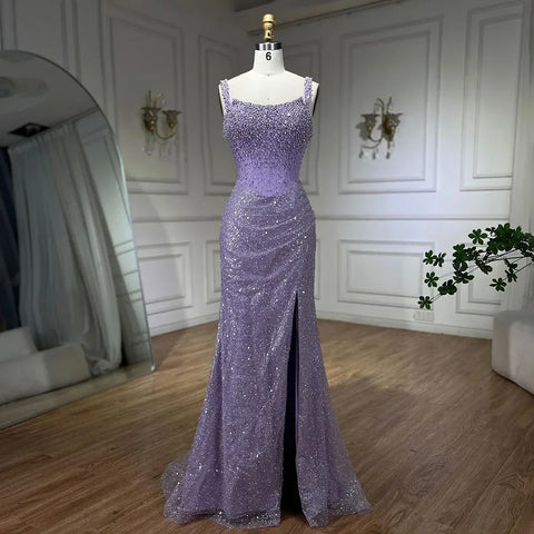 Beige Mermaid Floor Length Evening Gowns Luxury Beaded Crystal Spaghetti Strap Party Drsses For Women 2025 LA72163