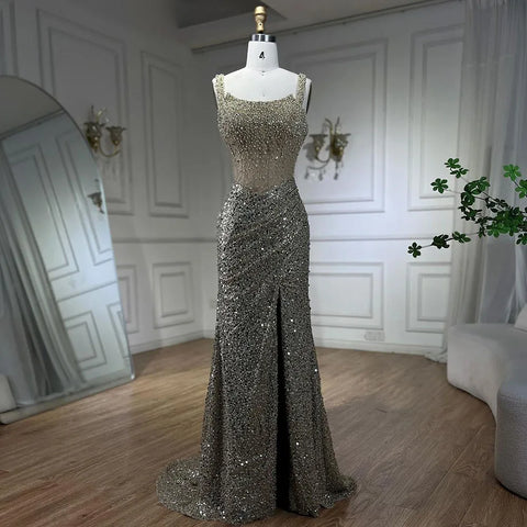 Beige Mermaid Floor Length Evening Gowns Luxury Beaded Crystal Spaghetti Strap Party Drsses For Women 2025 LA72163