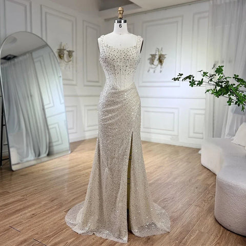 Beige Mermaid Floor Length Evening Gowns Luxury Beaded Crystal Spaghetti Strap Party Drsses For Women 2025 LA72163