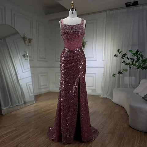 Beige Mermaid Floor Length Evening Gowns Luxury Beaded Crystal Spaghetti Strap Party Drsses For Women 2025 LA72163