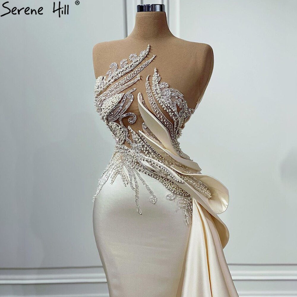 Beige Mermaid Overskirt Evening Dresses Gowns 2025 Satin Beaded Elegant For Women Party LA71199