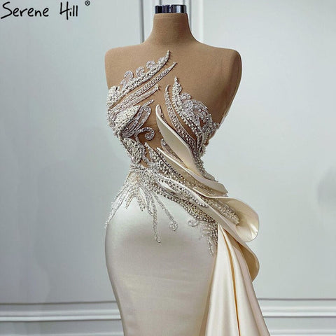 Beige Mermaid Overskirt Evening Dresses Gowns 2025 Satin Beaded Elegant For Women Party LA71199