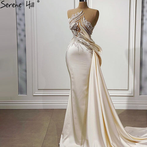 Beige Mermaid Overskirt Evening Dresses Gowns 2025 Satin Beaded Elegant For Women Party LA71199