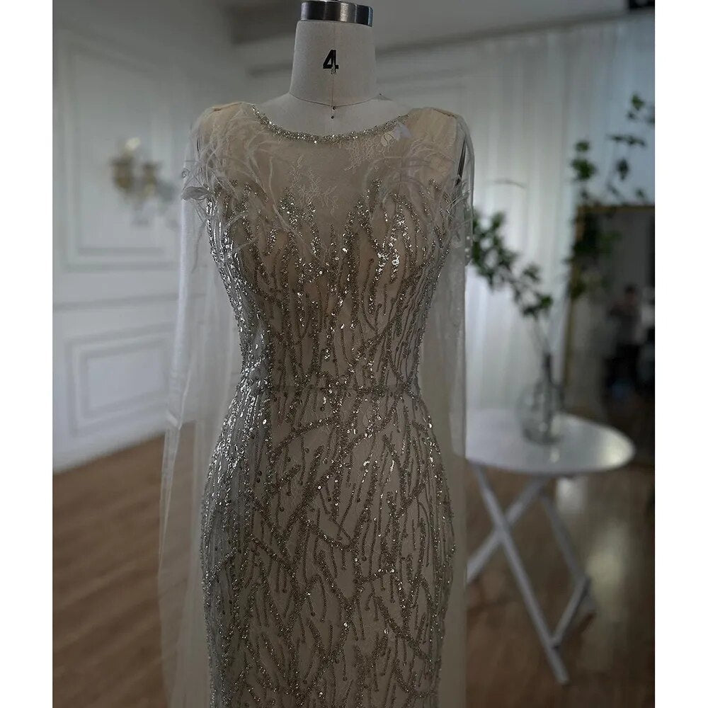 Beige Mermaid Shawl Yarn Sexy Beaded Feathers Luxury Dubai Evening Dresses Gowns  2025 For Women Party LA72142