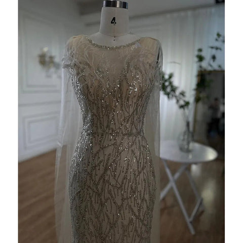 Beige Mermaid Shawl Yarn Sexy Beaded Feathers Luxury Dubai Evening Dresses Gowns  2025 For Women Party LA72142