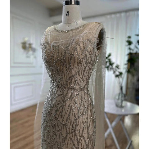 Beige Mermaid Shawl Yarn Sexy Beaded Feathers Luxury Dubai Evening Dresses Gowns  2025 For Women Party LA72142